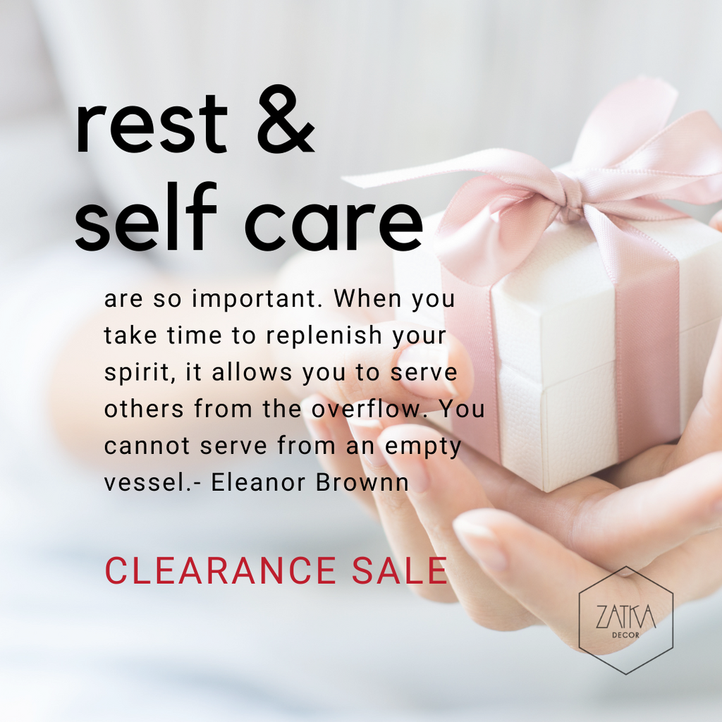 Rest & self care importance, clearance sale, image of woman holding gift in hand