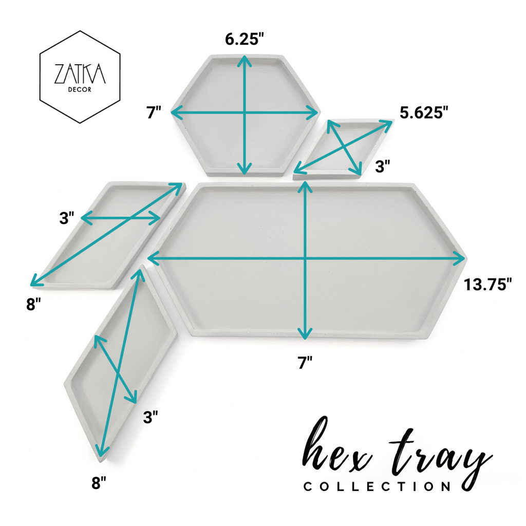 Hex Tray concrete collection with measurements, modern home decor