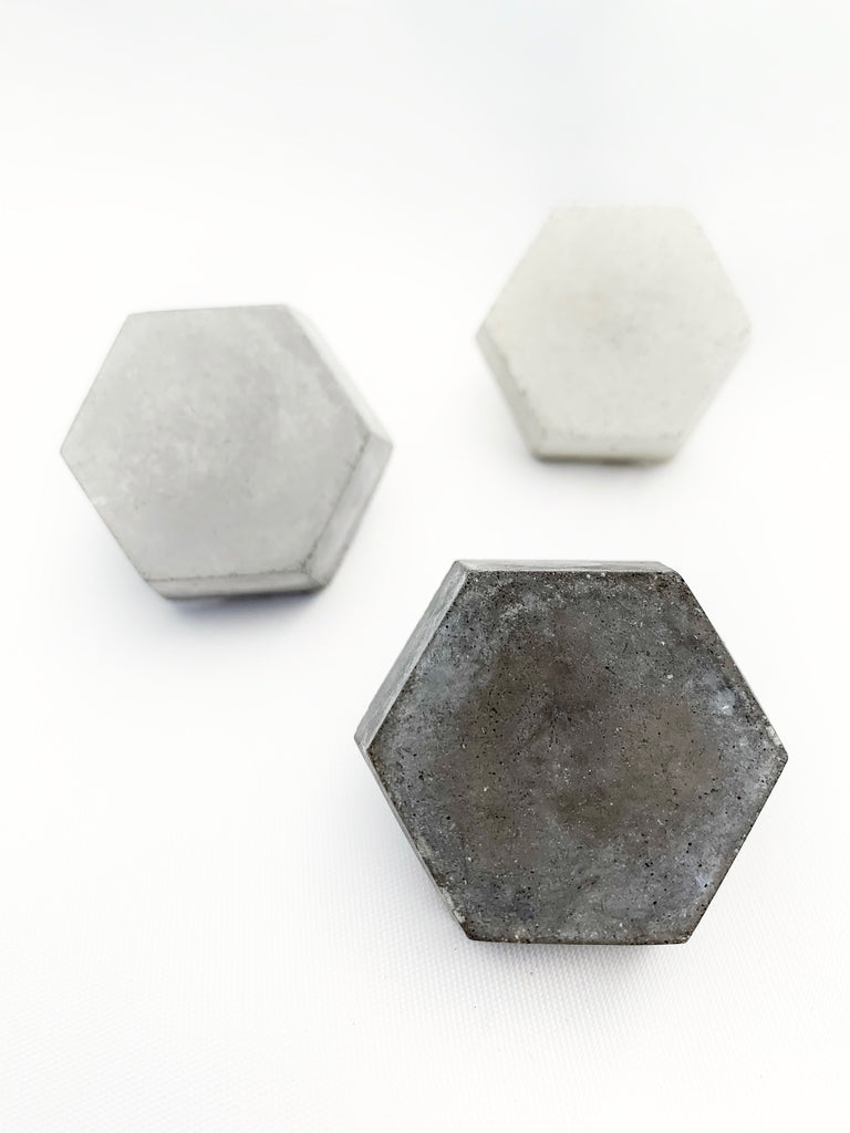 Hex concrete picture holder, bottom view of 3 color choices, modern home decor