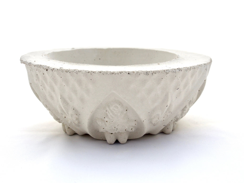 Fleur-de-lis small concrete bowl, modern with vintage outside, lt grey, modern home decor