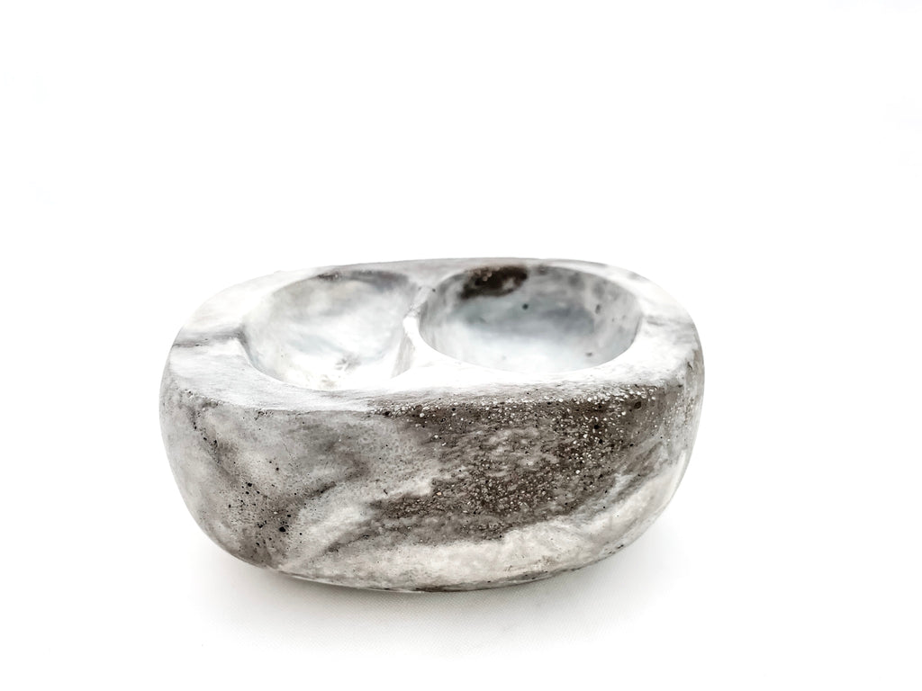 The Stephanie bowl, small marbled concrete, two nestled indentations