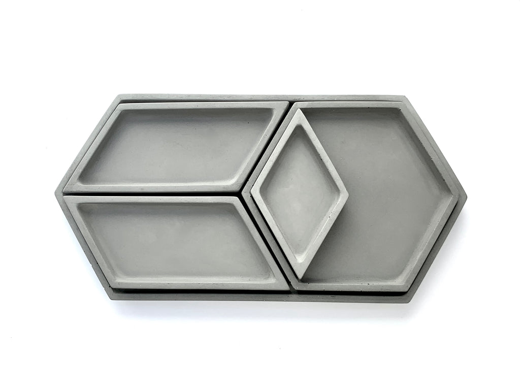 Hex Tray concrete collection stacked view from above, dark grey, modern home decor