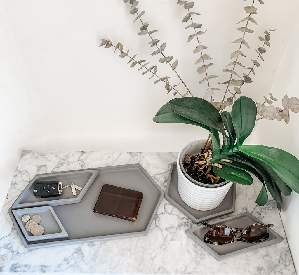 Hex Tray concrete collection, valet tray with orchid, keys, modern home decor