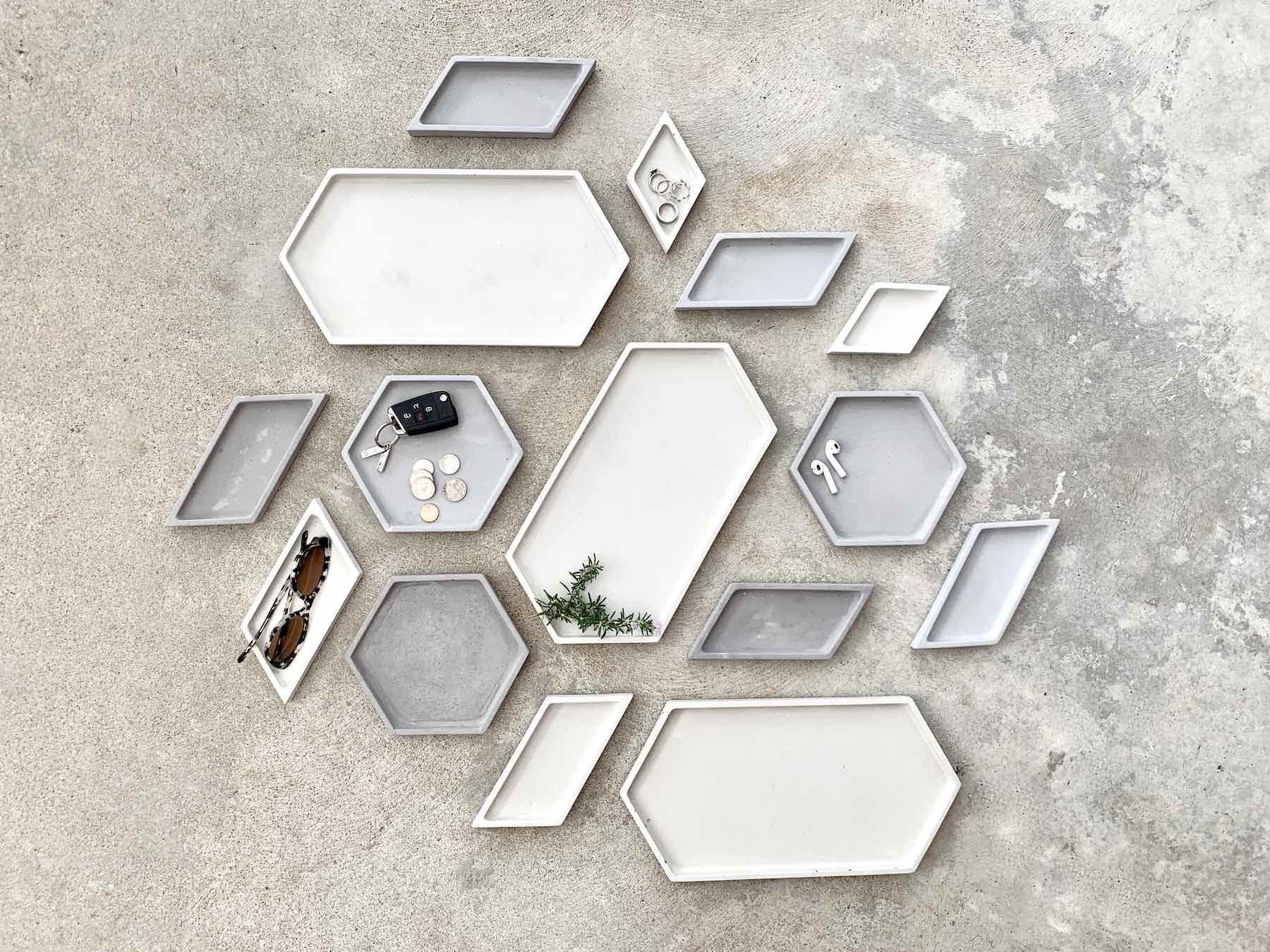 Hex Tray concrete collection flat lay collage of combinations, modern home decor