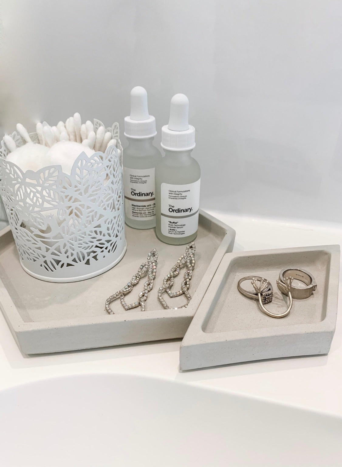 Hex Tray concrete collection on bathroom sink holding qtips/jewelry/facial creams, modern home decor