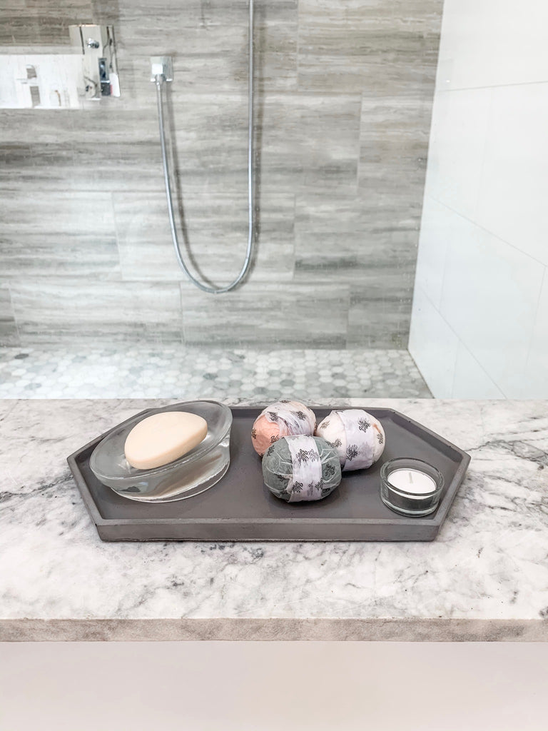 Hex Tray concrete collection, in bathroom holding salt bombs/soap/candle over tub, modern home decor